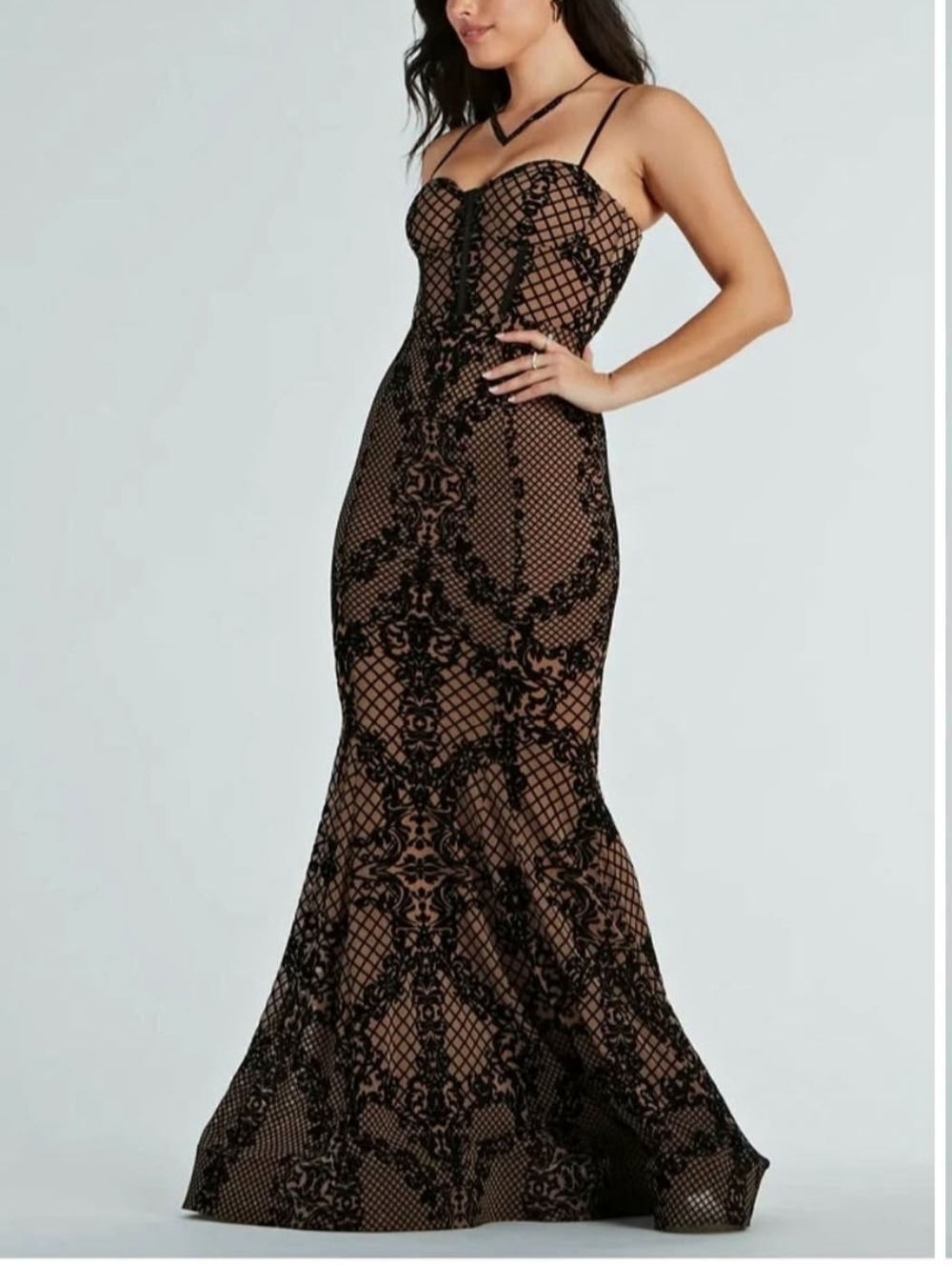 Windsor Black Flocked Lace Bustier Mermaid Maxi Dress on Nude